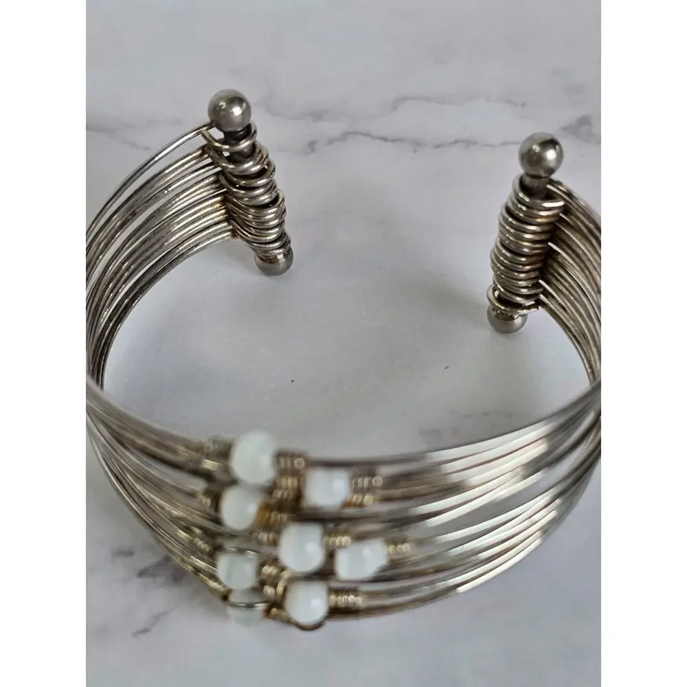 Vintage Multi-Strand Wire Wrap Open Cuff Bracelet White Beads Silver Boho 80s